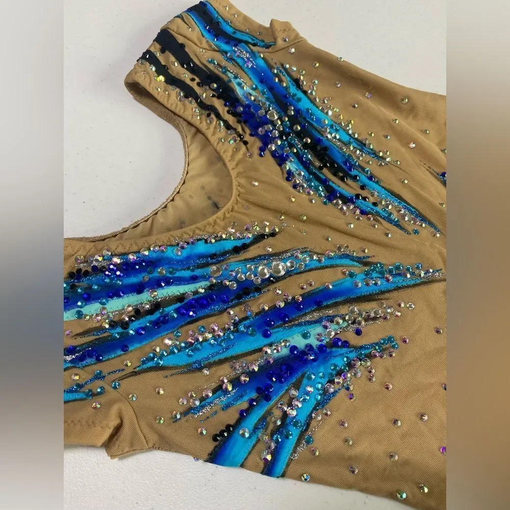 Custom solo dance ice skating rhythmic costume blue ombre rhinestoned dress MC